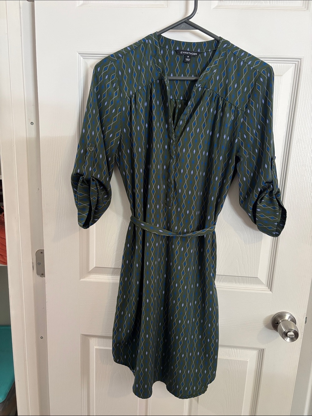 41 Hawthorn Jimena Olive Green Diamond-Print Belted Midi Shirt Dress